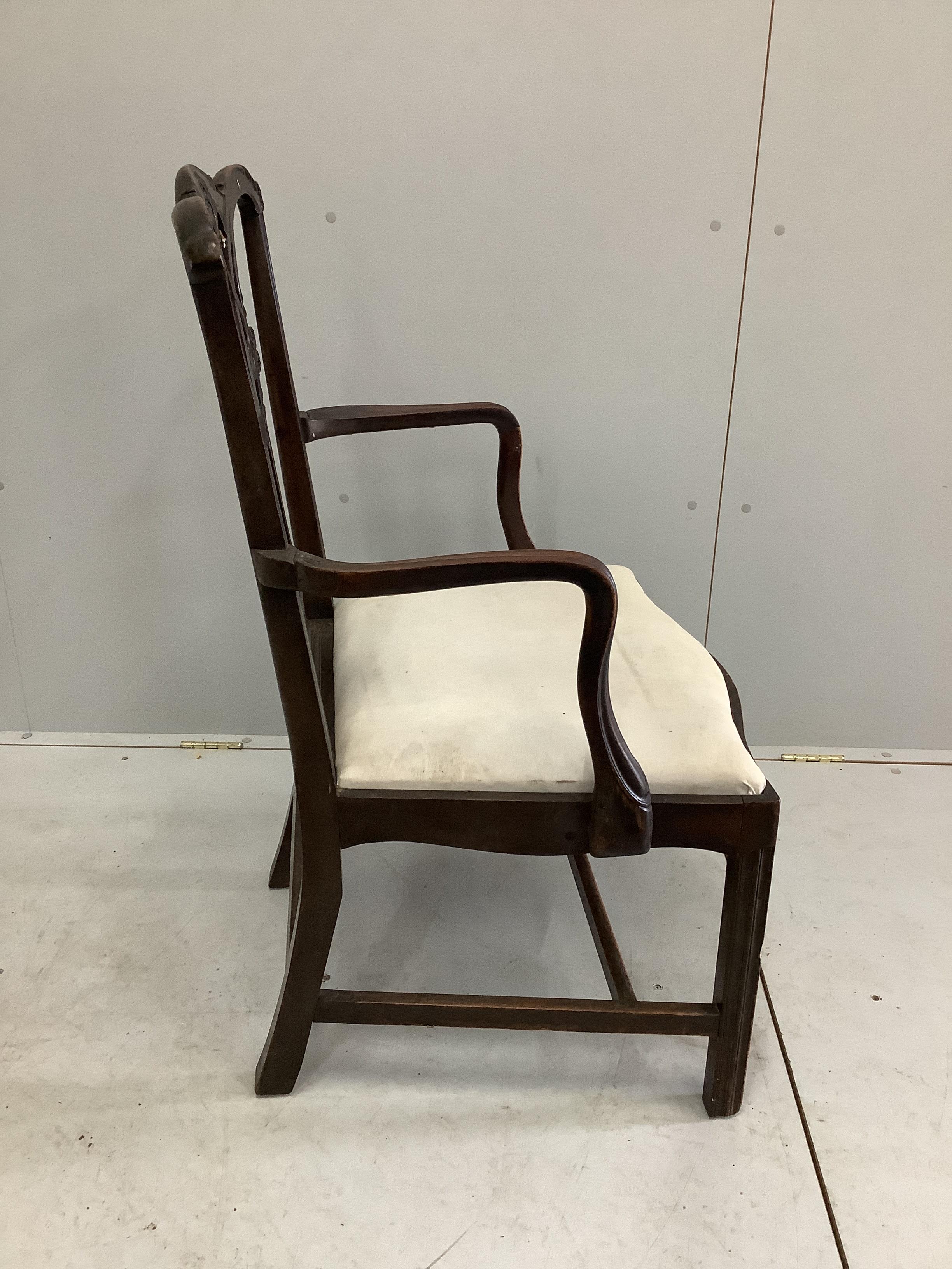 A George III style mahogany elbow chair, width 60cm, depth 50cm, height 100cm